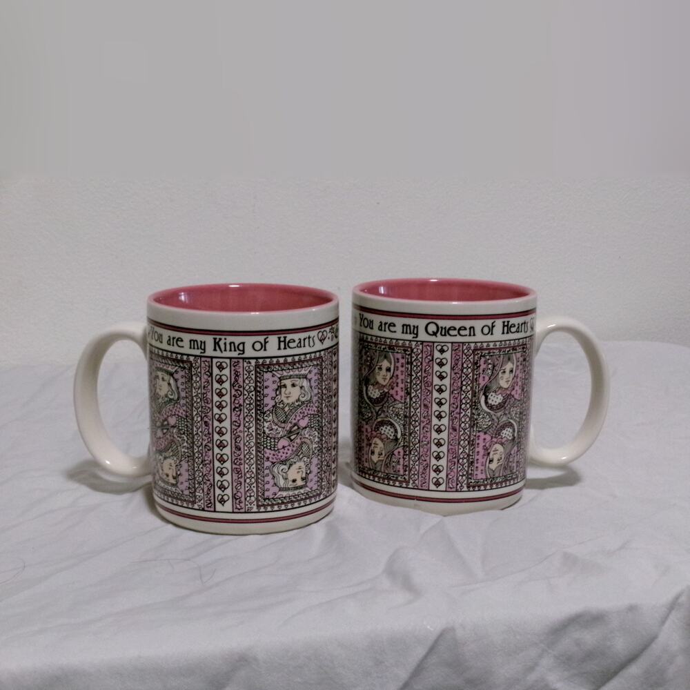VTG 1986 Enesco Heart to Heart Playing Card Mugs Pair Pink King Queen